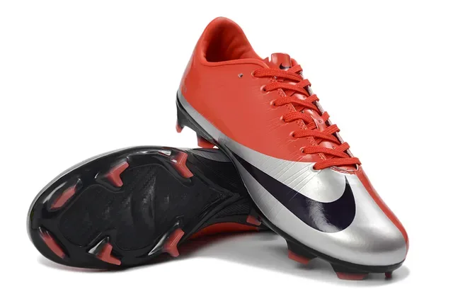 Nike Mercurial Vermelho Prata Baixo Corte Upper Sintético Textura Ribeteada Sola Firme Sapatos de Futebol 4