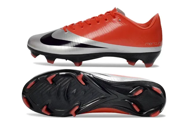 Nike Mercurial Vermelho Prata Baixo Corte Upper Sintético Textura Ribeteada Sola Firme Sapatos de Futebol 6