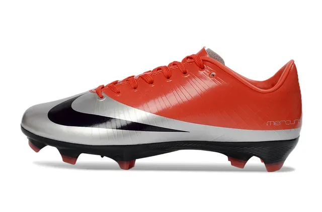 Nike Mercurial Vermelho Prata Baixo Corte Upper Sintético Textura Ribeteada Sola Firme Sapatos de Futebol 7