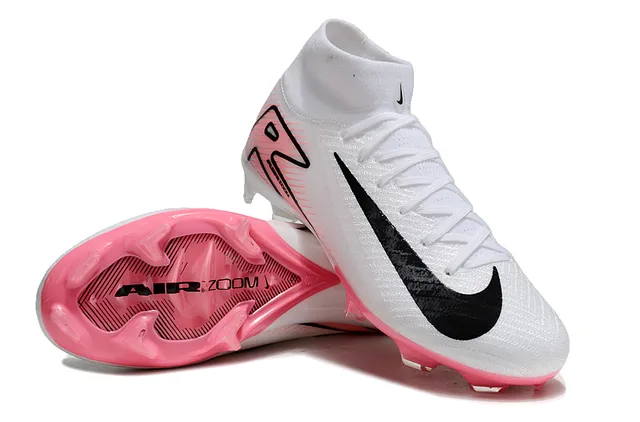 Nike Mercurial Superfly Branco Rosa Topo Alto Colar Ajuste de Meia Flyknit Superior Solo Firme Sapatos de Futebol 4