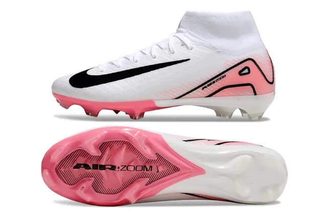 Nike Mercurial Superfly Branco Rosa Topo Alto Colar Ajuste de Meia Flyknit Superior Solo Firme Sapatos de Futebol 6