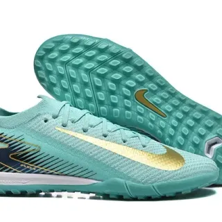 Nike Mercurial Vapor Zapatos de fútbol turf azul y dorado con upper de knit y cuello bajo