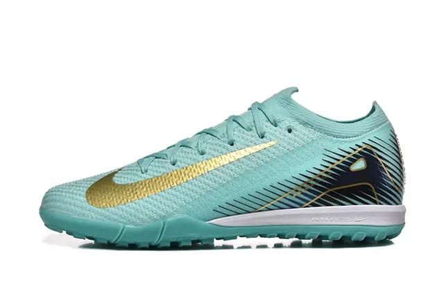 Nike Mercurial Vapor Tênis de futebol turf azul e dourado com upper de knit e gola baixa 2