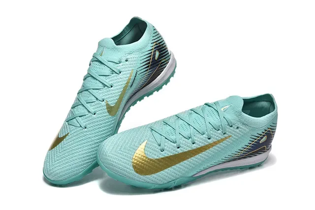 Nike Mercurial Vapor Tênis de futebol turf azul e dourado com upper de knit e gola baixa 3