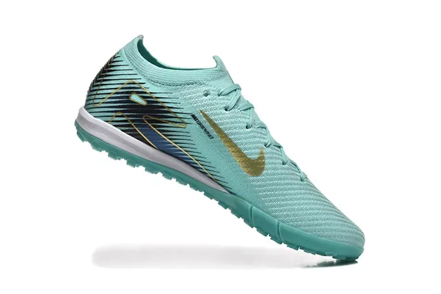 Nike Mercurial Vapor Tênis de futebol turf azul e dourado com upper de knit e gola baixa 4