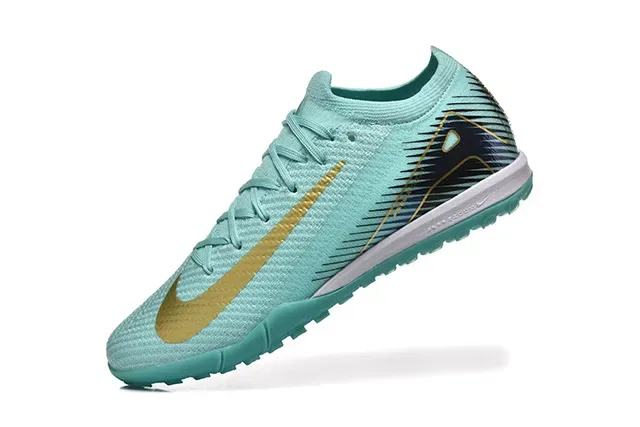 Nike Mercurial Vapor Tênis de futebol turf azul e dourado com upper de knit e gola baixa 5