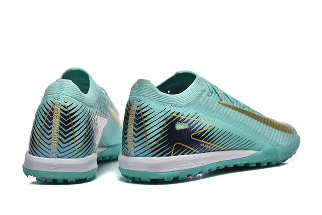 Nike Mercurial Vapor Tênis de futebol turf azul e dourado com upper de knit e gola baixa 6