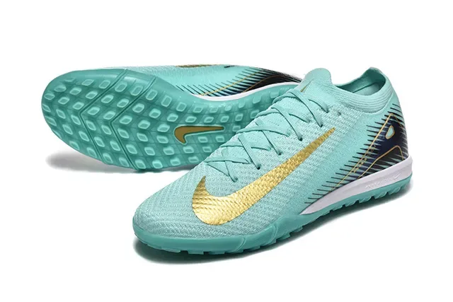 Nike Mercurial Vapor Tênis de futebol turf azul e dourado com upper de knit e gola baixa 7