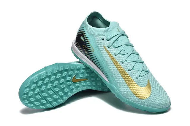 Nike Mercurial Vapor Tênis de futebol turf azul e dourado com upper de knit e gola baixa 8