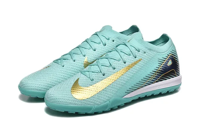 Nike Mercurial Vapor Tênis de futebol turf azul e dourado com upper de knit e gola baixa 9