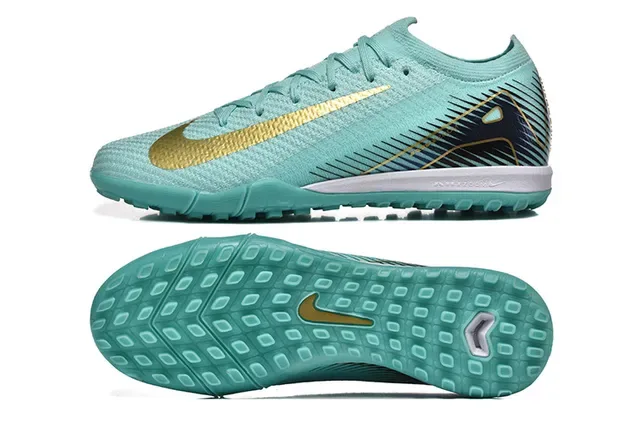 Nike Mercurial Vapor Tênis de futebol turf azul e dourado com upper de knit e gola baixa 10