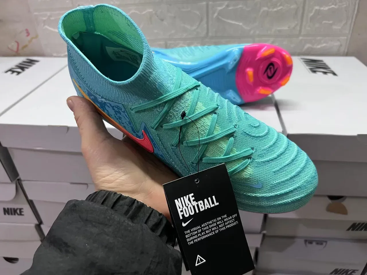Nike Mercurial Vapor Blue Pink High-Cut Knit Upper Asymmetrical Lacing Firm-Ground Soccer Shoes 4