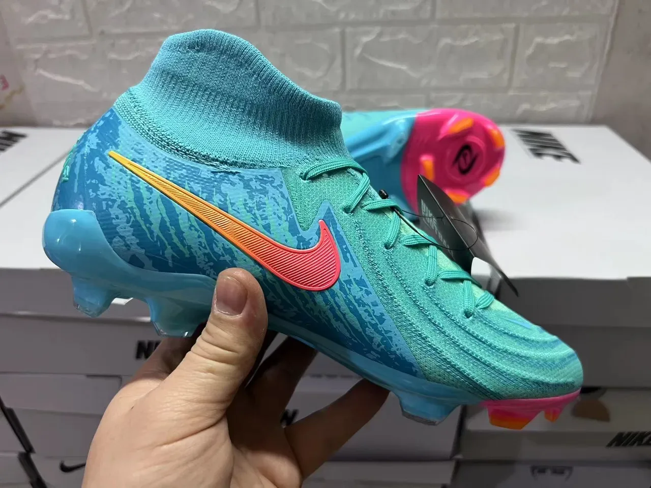 Nike Mercurial Vapor Blue Pink High-Cut Knit Upper Asymmetrical Lacing Firm-Ground Soccer Shoes 7