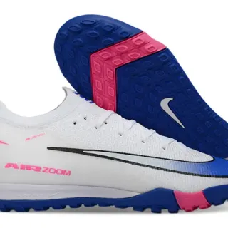 Nike Mercurial Vapor Zapatillas de fútbol Turf blanco y azul, upper de knit de bajo corte, cordones asimétricos