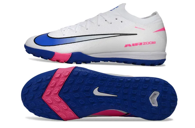 Nike Mercurial Vapor Chaussures de football Turf blanc et bleu, empeigne en maille à coupe basse, lacets asymétriques 5