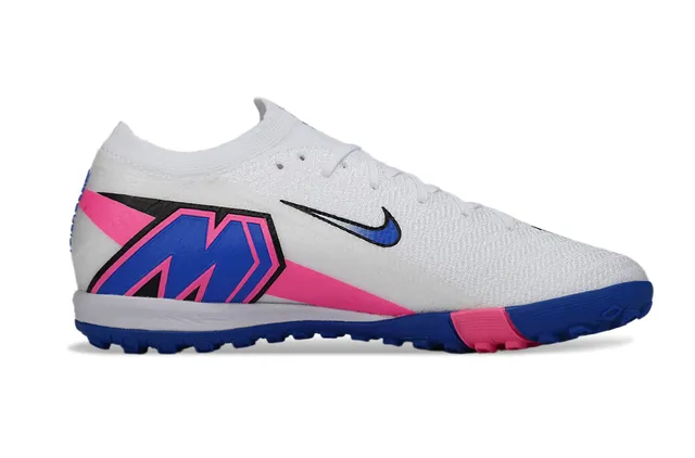 Nike Mercurial Vapor Chaussures de football Turf blanc et bleu, empeigne en maille à coupe basse, lacets asymétriques 7