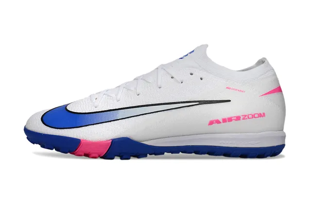 Nike Mercurial Vapor Chaussures de football Turf blanc et bleu, empeigne en maille à coupe basse, lacets asymétriques 8