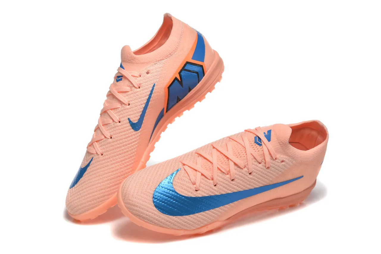 Nike Chaussures de football turf avec upper en knit orange et bleu et col bas 2