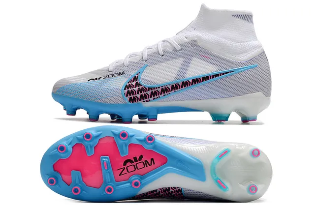 Nike Phantom GT Sapatos de futebol branco e azul com corte alto, colar de meia ajustado e solo firme 5