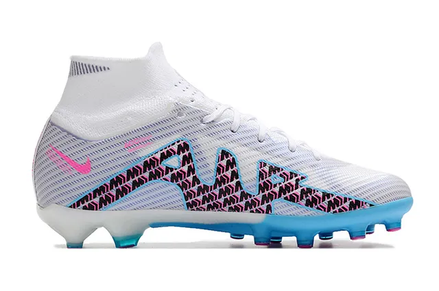 Nike Phantom GT Sapatos de futebol branco e azul com corte alto, colar de meia ajustado e solo firme 7