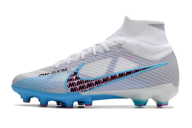 Nike Phantom GT Sapatos de futebol branco e azul com corte alto, colar de meia ajustado e solo firme 8