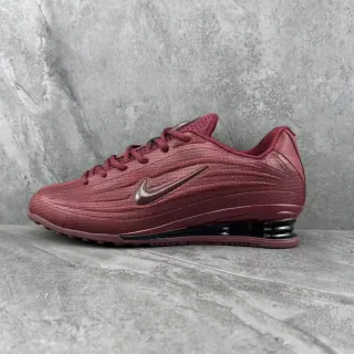 Nike Shox Burgundy Black Ribbed Knit Upper Metallic Swoosh Lifestyle Sneakers