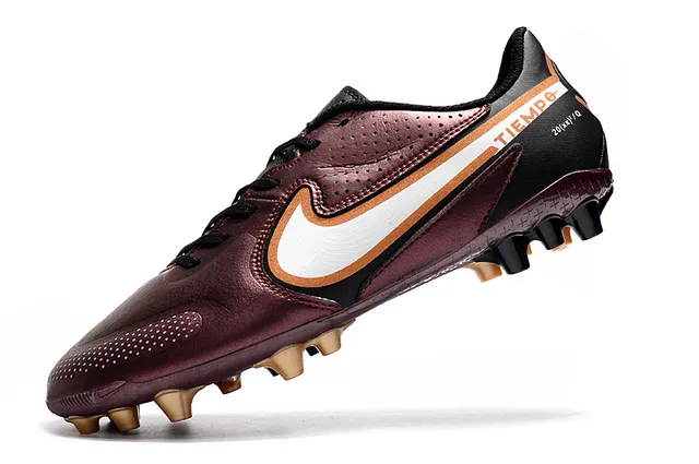 Nike Tiempo Borgonha Dourado Metálico Marrom Superior Perfurado Couro Solo Firme Sapatos de Futebol 16