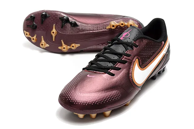 Nike Tiempo Borgonha Dourado Metálico Marrom Superior Perfurado Couro Solo Firme Sapatos de Futebol 17