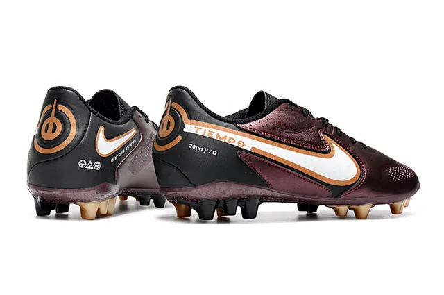 Nike Tiempo Borgonha Dourado Metálico Marrom Superior Perfurado Couro Solo Firme Sapatos de Futebol 18