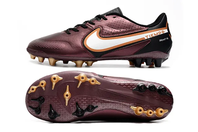 Nike Tiempo Borgonha Dourado Metálico Marrom Superior Perfurado Couro Solo Firme Sapatos de Futebol 19
