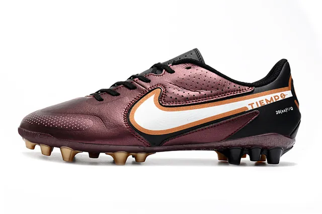 Nike Tiempo Borgonha Dourado Metálico Marrom Superior Perfurado Couro Solo Firme Sapatos de Futebol 20