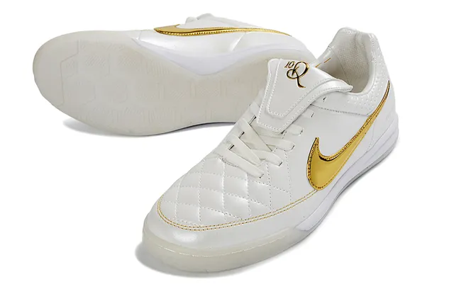 Nike Tiempo أبيض ذهبي جلد مخطط الجزء العلوي سووش معدني أحذية كرة قدم داخلية 4