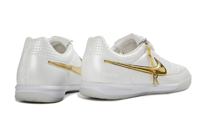 Nike Tiempo أبيض ذهبي جلد مخطط الجزء العلوي سووش معدني أحذية كرة قدم داخلية 5