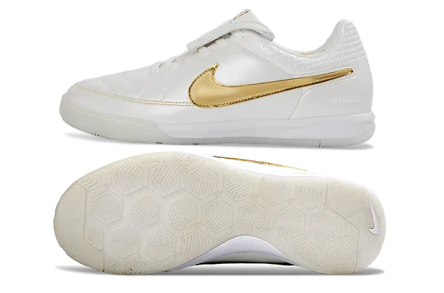 Nike Tiempo أبيض ذهبي جلد مخطط الجزء العلوي سووش معدني أحذية كرة قدم داخلية 6