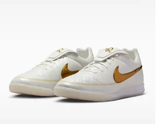 Nike Tiempo أبيض ذهبي جلد مخطط الجزء العلوي سووش معدني أحذية كرة قدم داخلية 8