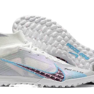 Nike Blanco y Azul High-Cut Sock-Fit Collar Malla Iridiscente Zapatos de Fútbol Turf