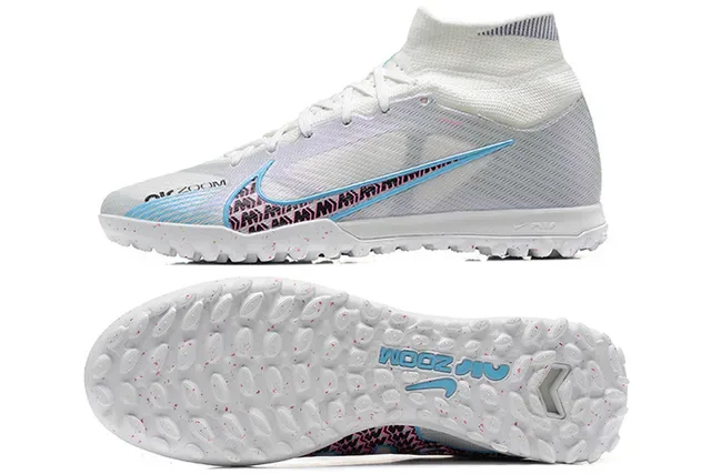 Nike Blanc et Bleu High-Cut Sock-Fit Collar Maille Iridiscente Chaussures de Football Turf 9
