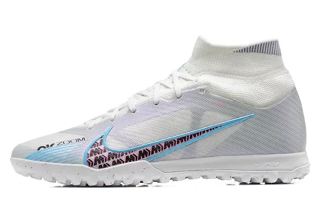 Nike Blanc et Bleu High-Cut Sock-Fit Collar Maille Iridiscente Chaussures de Football Turf 10