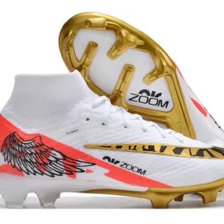 Nike White Gold High-Cut Flyknit Upper Zoom Heel Plate Firm-Ground Soccer Shoes