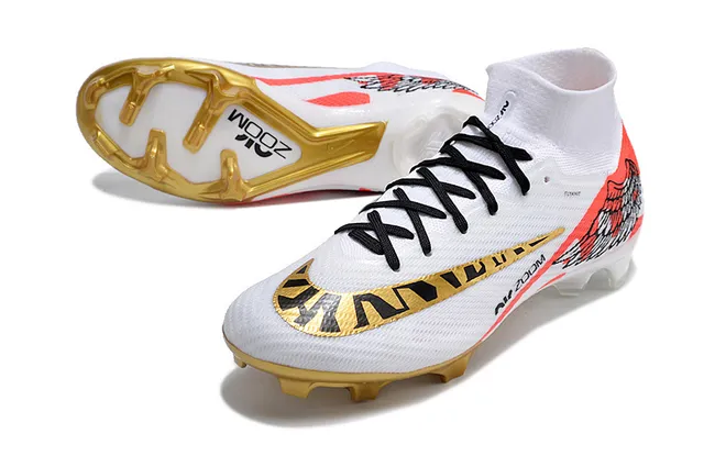 Nike White Gold High-Cut Flyknit Upper Zoom Heel Plate Firm-Ground Soccer Shoes 3