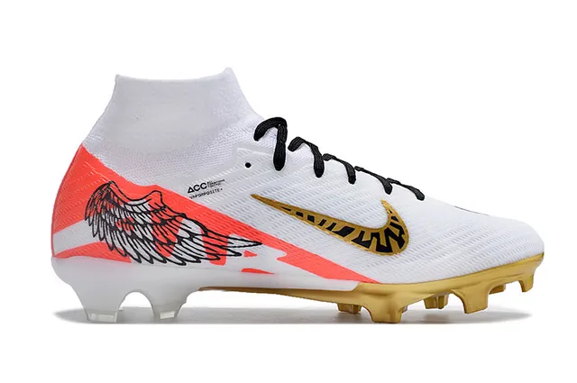 Nike White Gold High-Cut Flyknit Upper Zoom Heel Plate Firm-Ground Soccer Shoes 5
