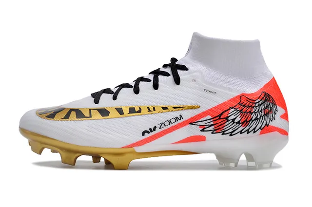 Nike White Gold High-Cut Flyknit Upper Zoom Heel Plate Firm-Ground Soccer Shoes 6