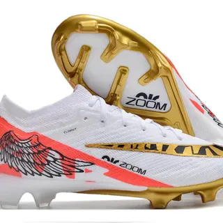 Nike White Gold Knit Upper Wing Graphic Motif Firm-Ground Soccer Shoes