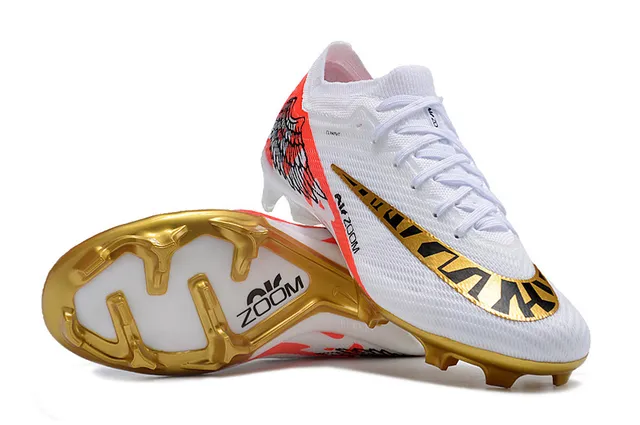 Nike White Gold Knit Upper Wing Graphic Motif Firm-Ground Soccer Shoes 2
