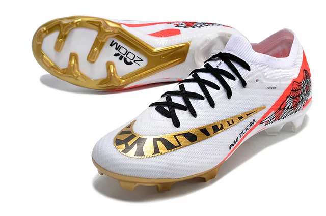Nike White Gold Knit Upper Wing Graphic Motif Firm-Ground Soccer Shoes 3