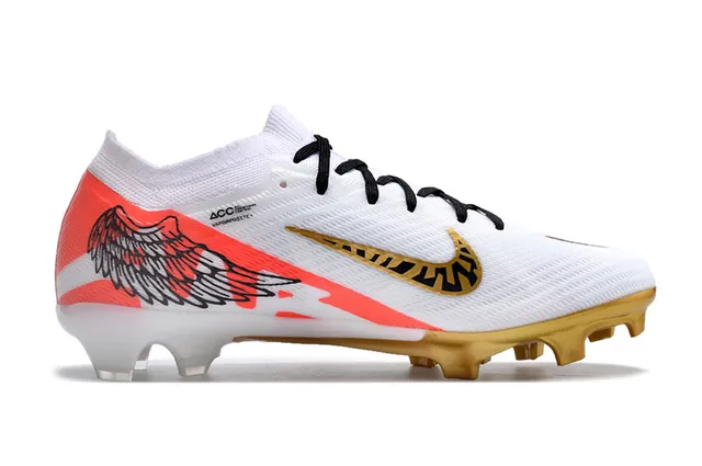 Nike White Gold Knit Upper Wing Graphic Motif Firm-Ground Soccer Shoes 5