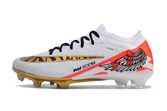 Nike White Gold Knit Upper Wing Graphic Motif Firm-Ground Soccer Shoes 6