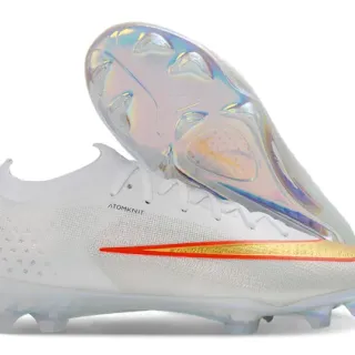 Nike White Gold Sock-Fit Knit Upper Iridescent Translucent Sole Firm-Ground Soccer Shoes