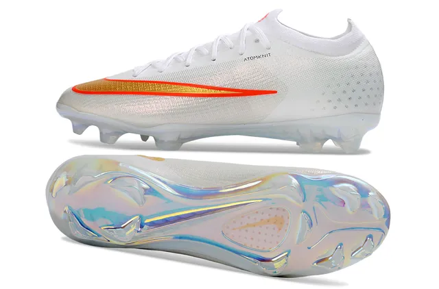Nike White Gold Sock-Fit Knit Upper Iridescent Translucent Sole Firm-Ground Soccer Shoes 6