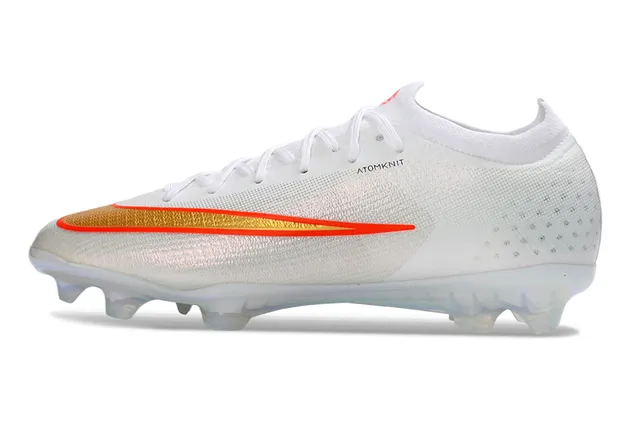 Nike White Gold Sock-Fit Knit Upper Iridescent Translucent Sole Firm-Ground Soccer Shoes 7